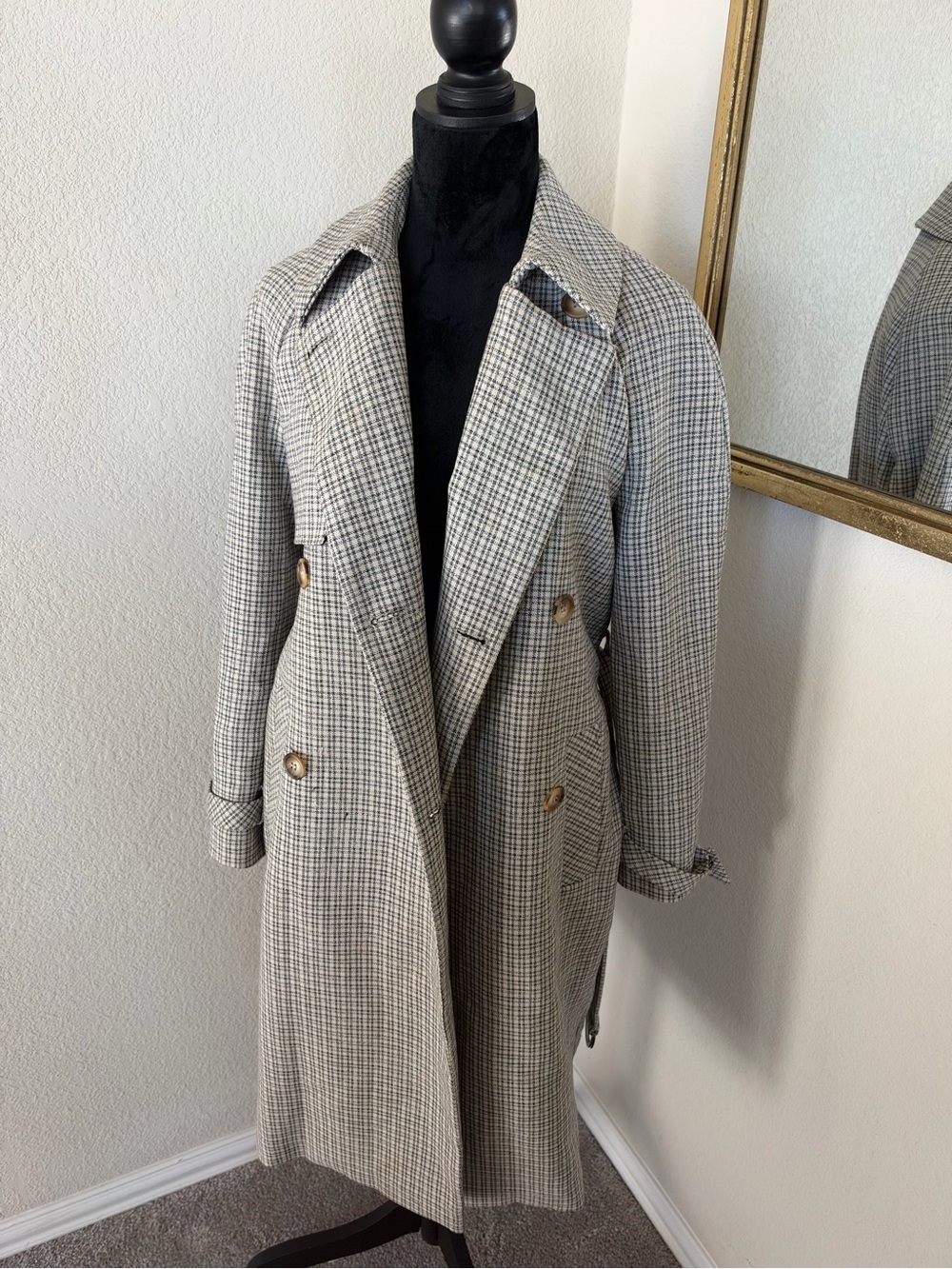 Topshop Gray Plaid Double-Breasted Trench Coat